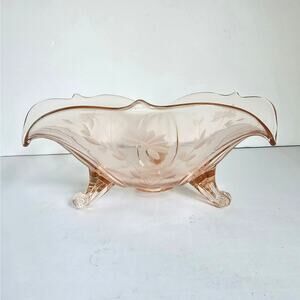 Vintage Elegant Glass Bowl Compote Depression Pink Floral Etched Cottagecore